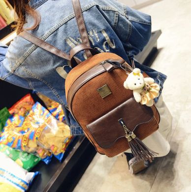 Шикарный вельветовый рюкзак с кисточками и брелком мишкой